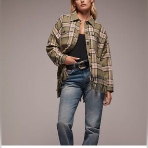 ZARA Wool Blend Plaid Fringe Studded Oversized Shirt Jacket Pink Green Size M